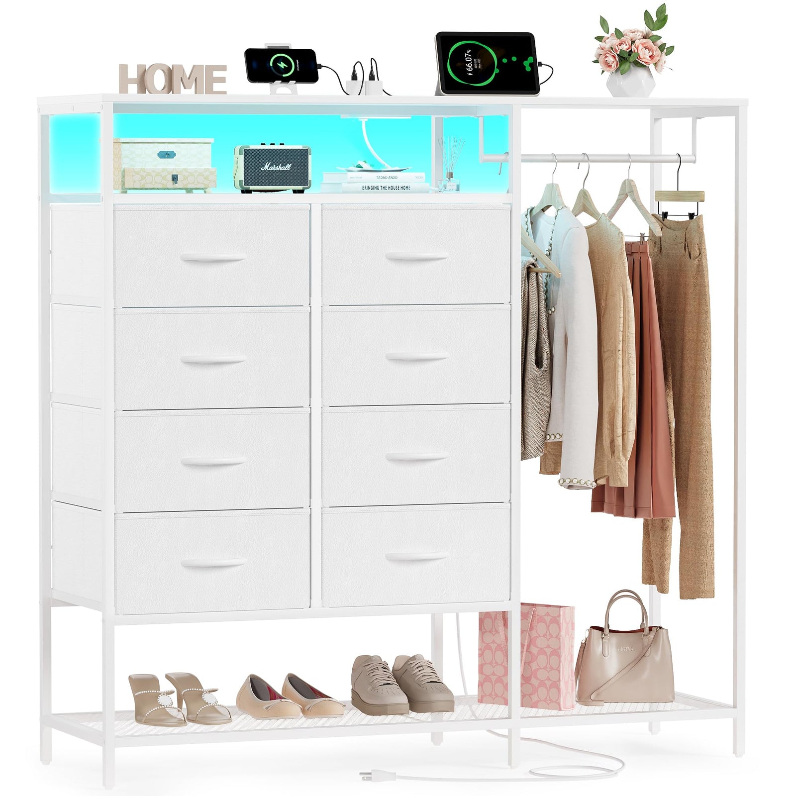 White Dresser for Bedroom with 8 Drawers Bedroom Dresser with Hanging Rack Clothes Dresser with Led Lights Closet Dresser with Charging Station 47 Inch Dresser with Shelves for Bedroom Closet