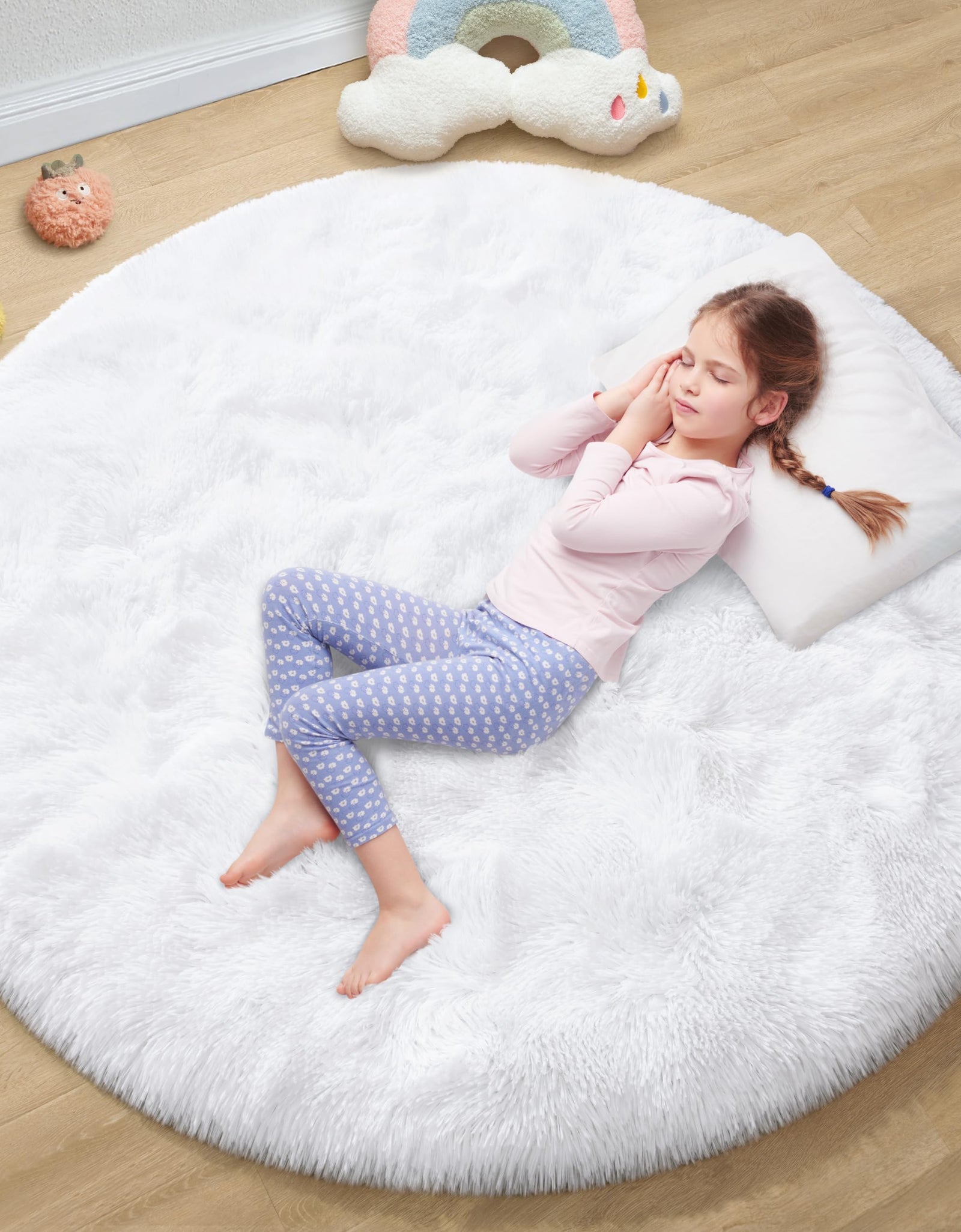 EVOIONOS White Round Rug for Girls Bedroom Fluffy Circle Rug for Kids Room 4x4 Feet Fuzzy Circular Rug Soft Plush Area Rug for Bedroom Non Slip Shaggy Living Room Rug Nursery Dorm Cute Small Rug