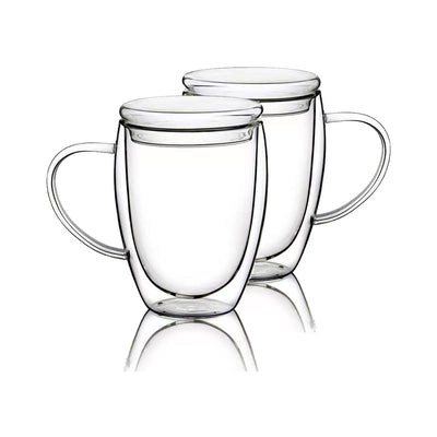 Lot de 2 Tasses à Café en Verre à Double Paroi de 350 ml, Tasses à Café Transparentes avec Couvercles, Tasses à Café Isothermes avec Anse, Parfaites pour Cappuccino, Thé, Lait, Expresso, Latte, Boissons Chaudes (Couvercle en verre 350 ml)