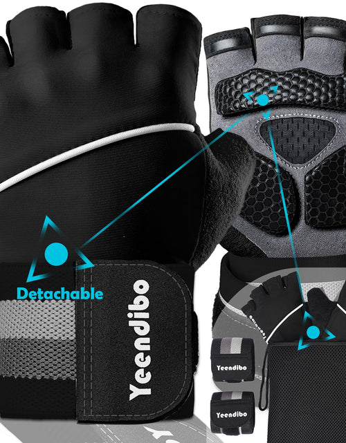 Charger l'image dans la visionneuse de galerie, Yeendibo Gants d'entraînement 5-en-1 pour hommes et femmes avec excellente adhérence, protection complète, gants de gym pour haltérophilie, dragonne détachable et sac en filet

