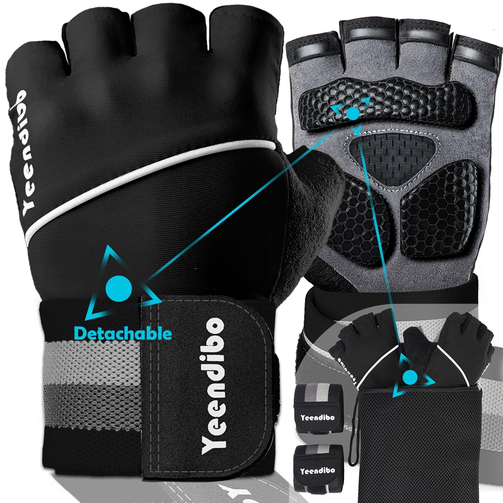 Yeendibo Gants d'entraînement 5-en-1 pour hommes et femmes avec excellente adhérence, protection complète, gants de gym pour haltérophilie, dragonne détachable et sac en filet