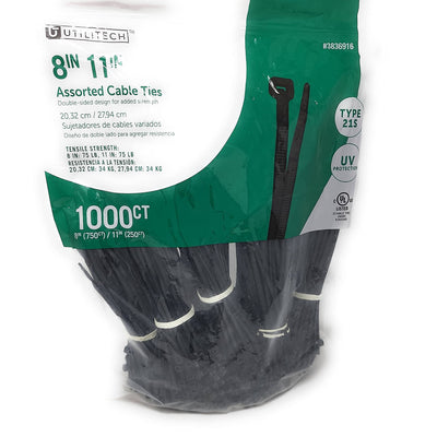 Utilitech 1000 Pk 8in-750 pcs + 11in-250 pcs 75lb UV Resistant Zip Ties Bulk Zip Ties Assorted Zip Ties Cable Zip Ties 1000 UV Resistant Zip Ties Zip Ties 1000 Bulk Zip Ties