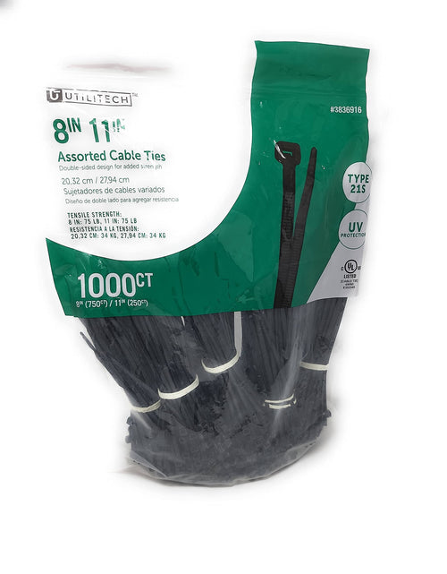 Load image into Gallery viewer, Utilitech 1000 Pk 8in-750 pcs + 11in-250 pcs 75lb UV Resistant Zip Ties Bulk Zip Ties Assorted Zip Ties Cable Zip Ties 1000 UV Resistant Zip Ties Zip Ties 1000 Bulk Zip Ties
