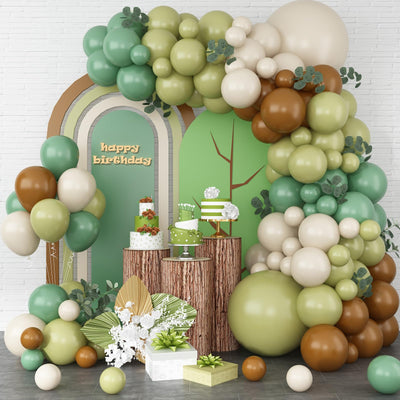 GRESATEK Sage Green Brown Balloon Garland Arch Olive Green Brown and White Balloon Arch Jungle Safari Wild Woodland Balloon Garland for Baby Shower Gender Reveal Wedding Birthday Party Decor