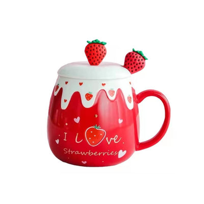 Coffee Mug Cups Ceramic Tea Cup Fruits Strawberry Shaped Handmade Cute Mugs With Lid Spoon Handle Office Home Hot Ice Chocolate Milk Mugs Gift Microwave Dishwasher Safe Travel Mugs (Strawberry)