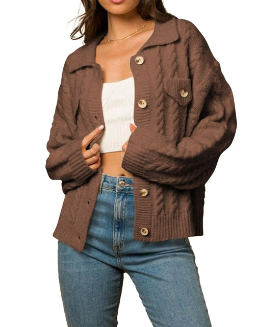 Load image into Gallery viewer, Sidefeel Womens 2024 Fall Long Sleeve Open Front Cardigan Sweaters Button Down Cable Knit Chunky Sweaters Outwear Brown 2XL

