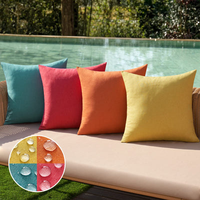 MIULEE Lot de 4 housses de coussin décoratives d'extérieur en lin imperméable pour ferme, jardin, tente, balcon, canapé, 45,7 x 45,7 cm, rouge/turquoise