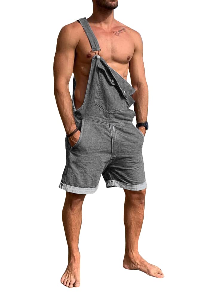 Karlywindow Mens Denim Bib Overall Shorts Loose Fit Summer Walk Shorts Above Knee Length Shortalls Jumpsuit Rompers