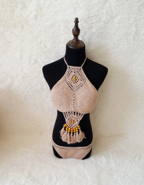 Load image into Gallery viewer, Swimwear Set with Handmade Crochet Tassels
