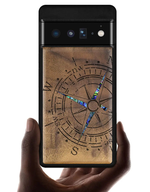 Cargar imagen en el visor de la galería, Carveit Funda de Madera de Diseño para Google Pixel 6 Pro [Grabado en Madera y Concha Incrustada] Funda de Teléfono de Madera Única Compatible con Cargadores Inalámbricos Pixel 6 Pro (Brújula-Nogal)
