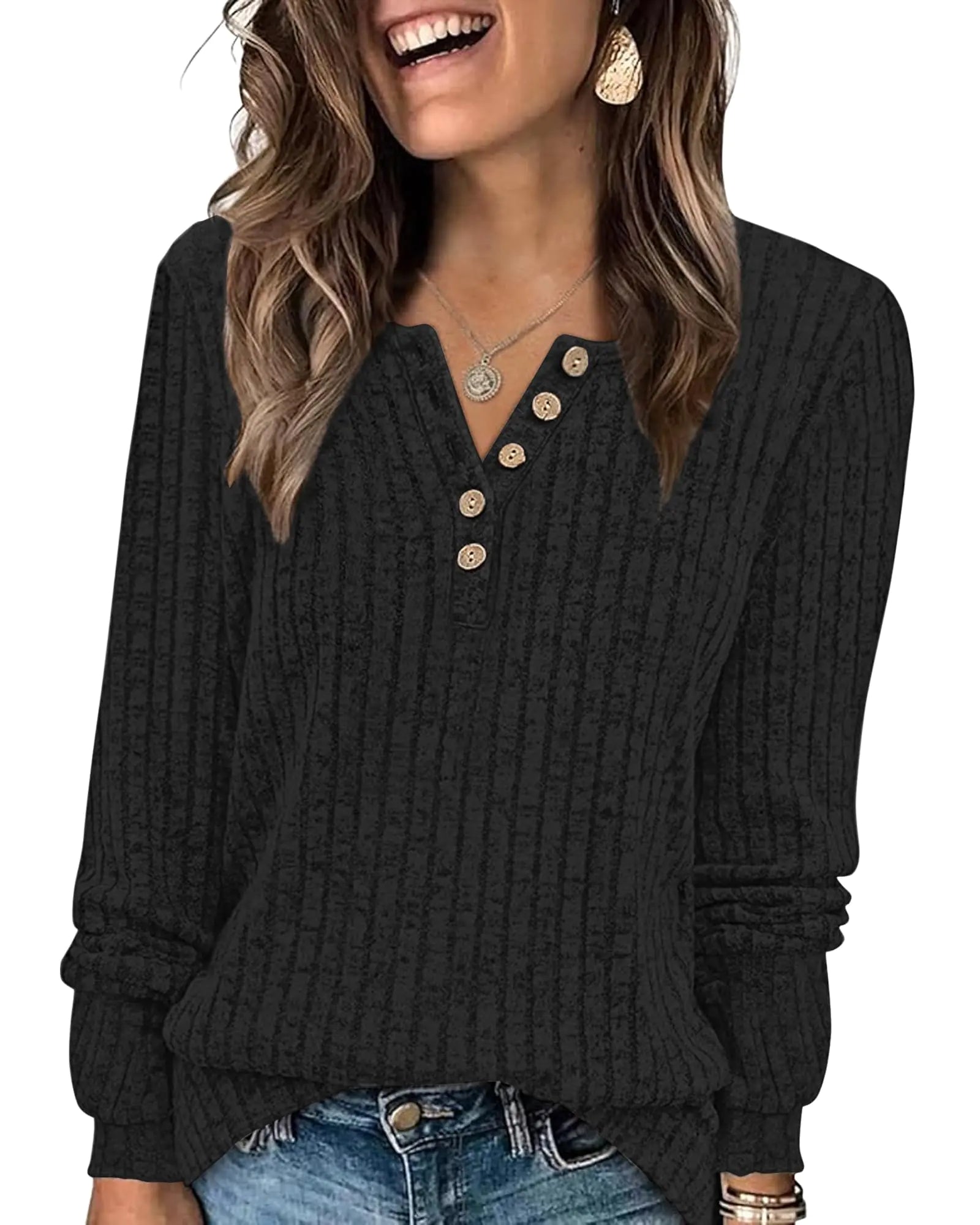 MISFAY Suéteres de Mujer Cuello Redondo Manga Larga Blusas Sueltas Casuales de Otoño (NegroS)