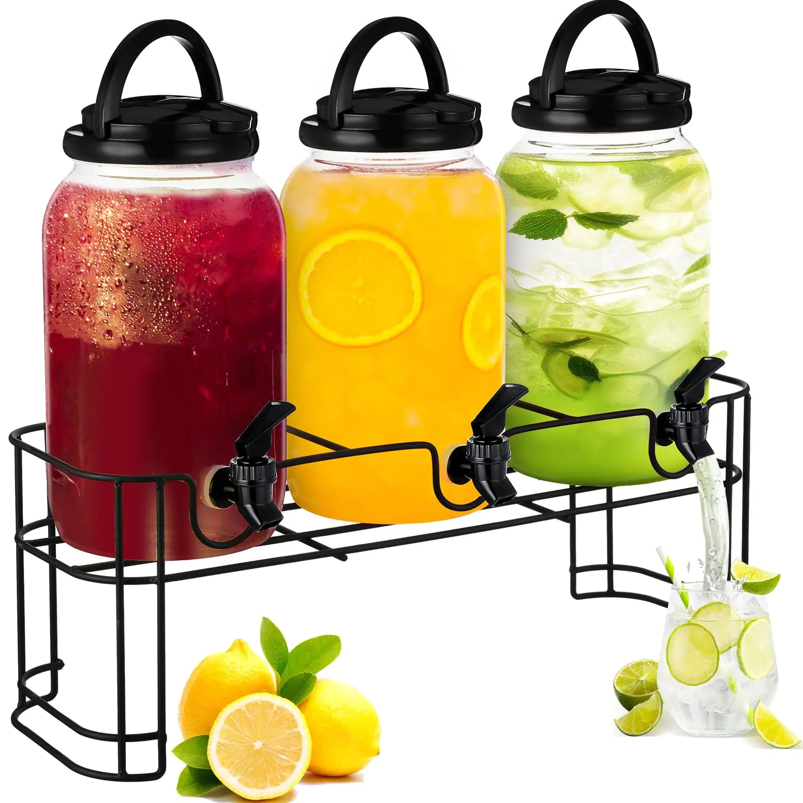 Tanlade Plastic Drink Dispenser with Stand Beverage Dispenser with Sturdy Metal Base Juice Dispensers for Parties Lemonade Jar with Spigot for Weddings Countertop Each 1 Gallon (Black)