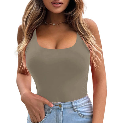 LIDLIT Womens Slim Fit Camisole Round Neck Sleeveless Blackless Shapewear Adjustable Strap Bodysuit Double Lined Stretchy Shirt Khaki M