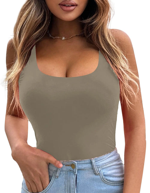 Load image into Gallery viewer, LIDLIT Womens Slim Fit Camisole Round Neck Sleeveless Blackless Shapewear Adjustable Strap Bodysuit Double Lined Stretchy Shirt Khaki M
