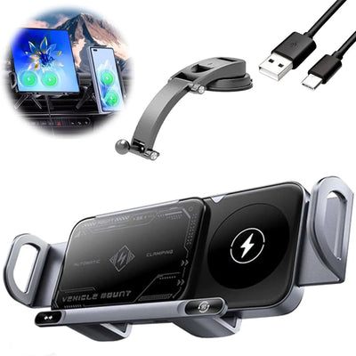 Wireless Car Charger Mount Wireless Car Charger Fast Charging Phone Holder for Car Vent Auto Rotating Phone Holder Dual Coil Wireless with Max 15W Fast Charging (Silver Suction Base Mount)
