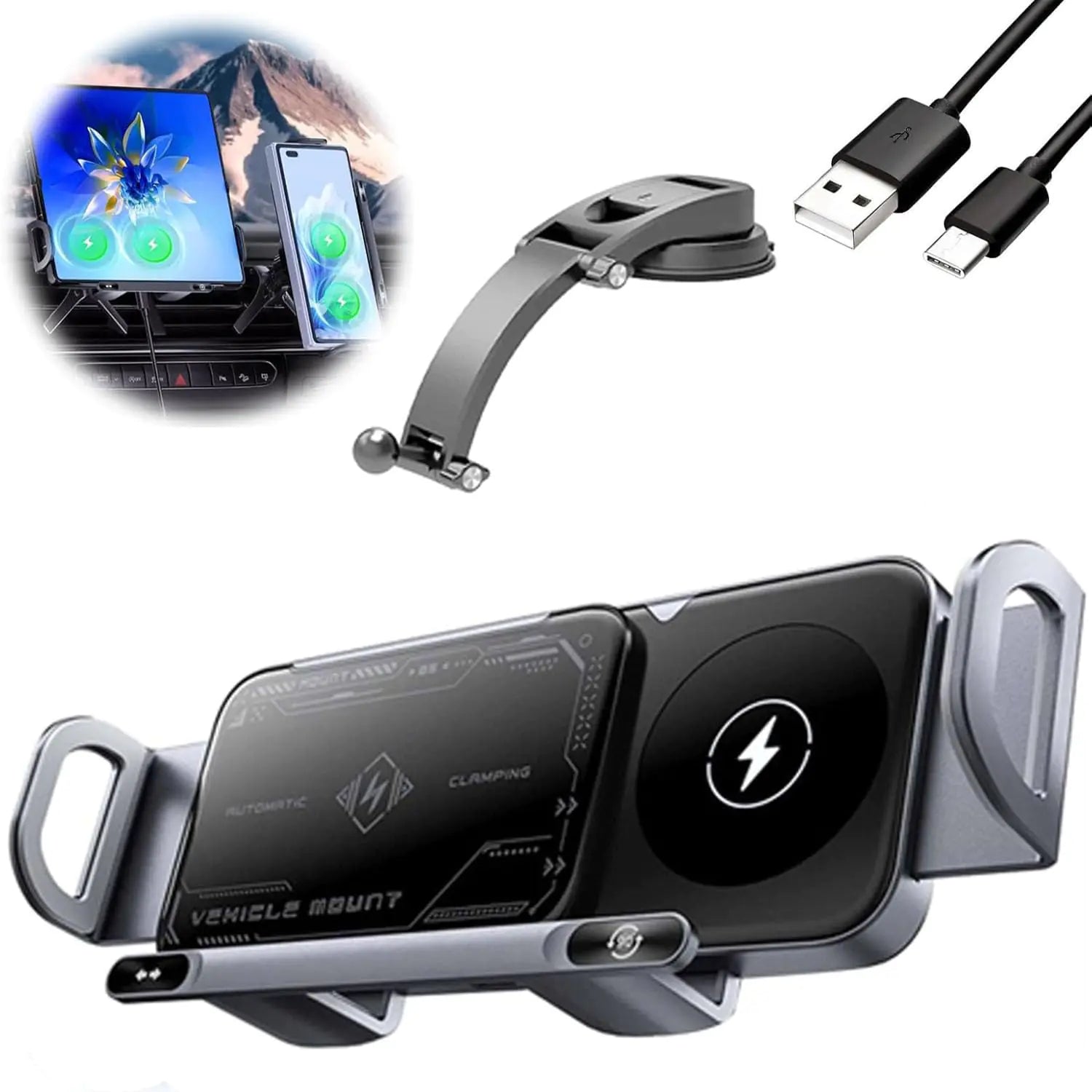 Wireless Car Charger Mount Wireless Car Charger Fast Charging Phone Holder for Car Vent Auto Rotating Phone Holder Dual Coil Wireless with Max 15W Fast Charging (Silver Suction Base Mount)