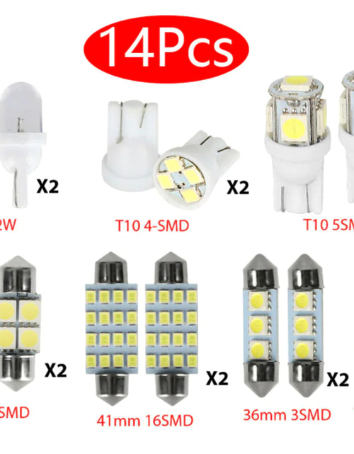 Cargar imagen en el visor de la galería, Kit de 14 luces LED interiores para coche T10 de 36 mm para techo, maletero y matrícula
