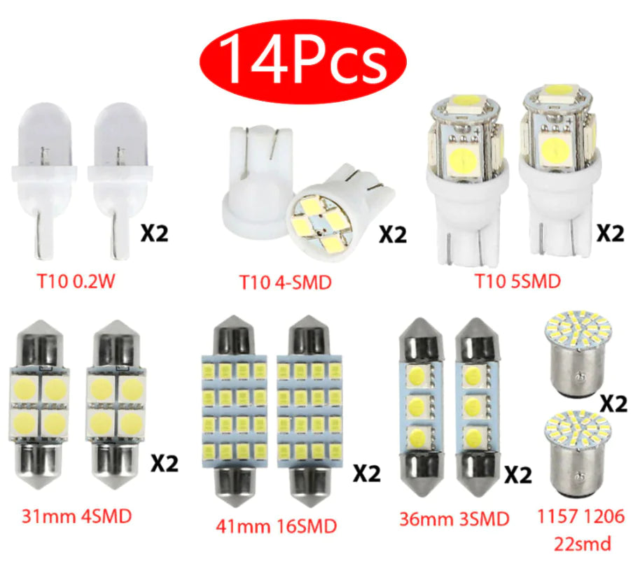 Kit de 14 luces LED interiores para coche T10 de 36 mm para techo, maletero y matrícula