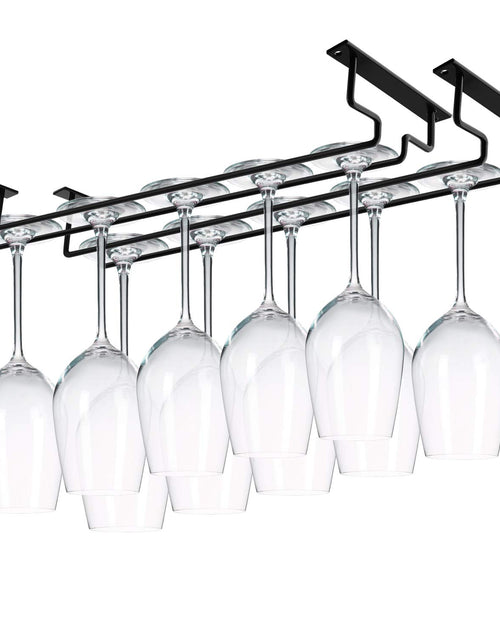 Load image into Gallery viewer, MOCOUM 2 Pack 15.6" Wine Glass Rack Under Cabinet Stemware Rack Wine Glass Hangers Rack Wire Wine Glass Holder Storage Hanger Hold Up To 10 Wine Glasses for Cabinet Kitchen Bar (Black 2 pack)

