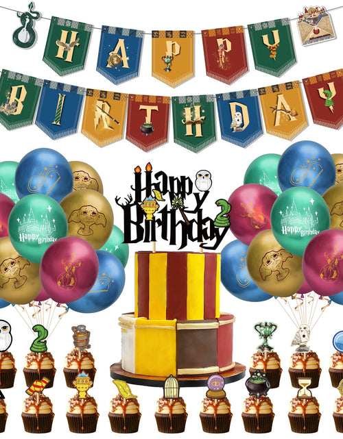 Cargar imagen en el visor de la galería, 53 decoraciones de cumpleaños con temática de Academia de Magia que incluyen pancartas de feliz cumpleaños, adornos para tartas, adornos para cupcakes y globos
