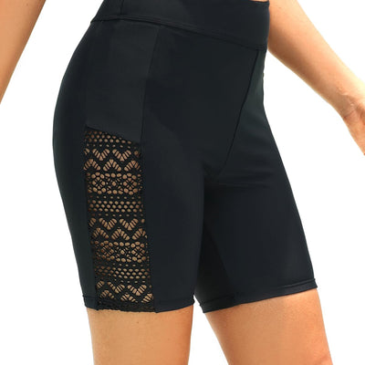 Holipick Women Black 7" Swim Shorts High Waisted Boy Shorts Swimsuits Tummy Control Bathing Suit Shorts Lace Swim Bottoms L