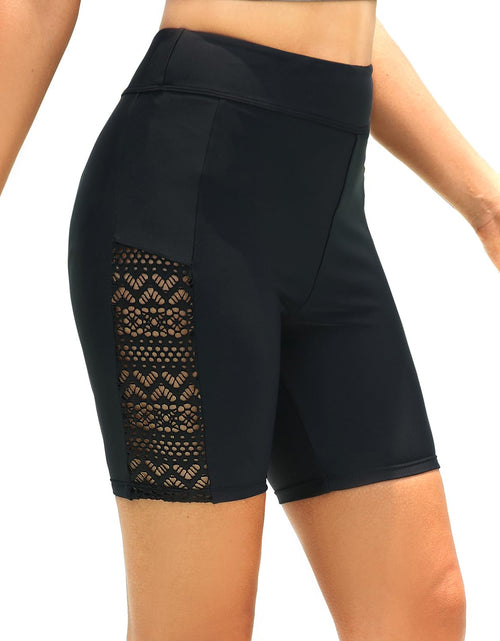 Load image into Gallery viewer, Holipick Women Black 7" Swim Shorts High Waisted Boy Shorts Swimsuits Tummy Control Bathing Suit Shorts Lace Swim Bottoms L
