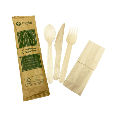 400 Count | KingSeal FSC Certified Disposable Wood Cutlery Kits Bulk Pack Sustainably Sourced - Spoon Fork Knife with Bleach-Free Napkin Commercial Bulk Pack - 4 Boxes x 100 Sets