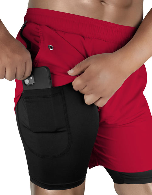 Load image into Gallery viewer, UGW Mens Exercise Shorts 2 in 1 Perfect Gym Workout Running Mens Gym Shorts 5 &amp; 66 Inseam Basketball Shorts Pockets Red
