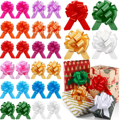 WILLBOND 24 Pieces 5 Inch Christmas Pull Bows Bulk for Wrapping Gift Large Gift Bow with Ribbon Assorted Bows Pull String for Christmas Basket Party Present Birthday Wreath Gift Basket(12 Colors)