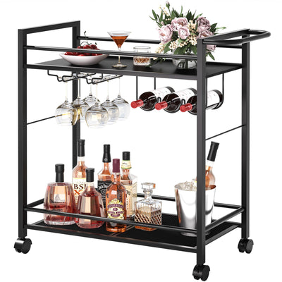 Joaxswe Bar CartHome Bar Serving Cart with Storage Shelves 2 Tier Rolling Beverage Cart with Wheels Modern Wine Cart with Wine Rack and Glass Holder for Kitchen Living RoomDinning RoomBlack