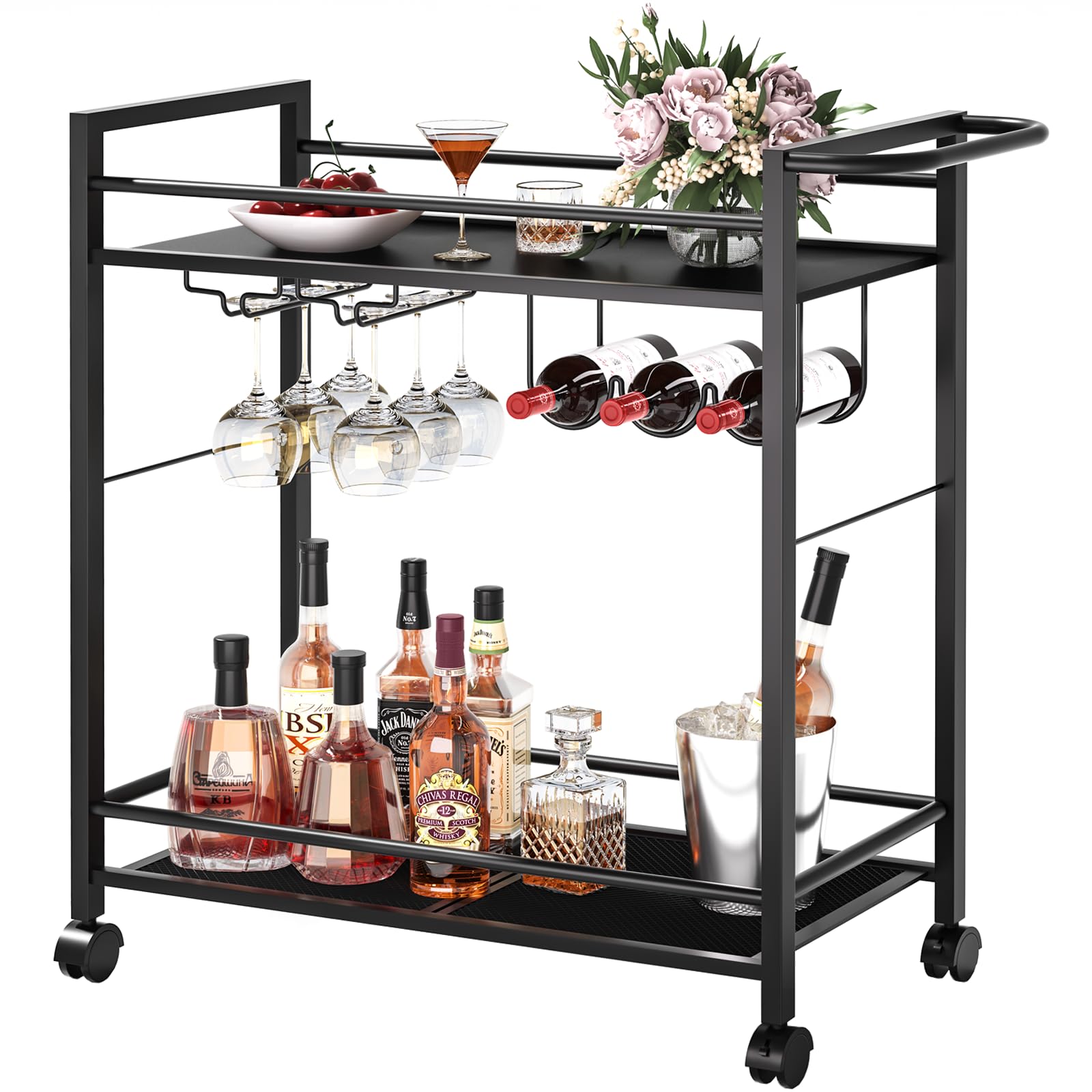 Joaxswe Bar CartHome Bar Serving Cart with Storage Shelves 2 Tier Rolling Beverage Cart with Wheels Modern Wine Cart with Wine Rack and Glass Holder for Kitchen Living RoomDinning RoomBlack