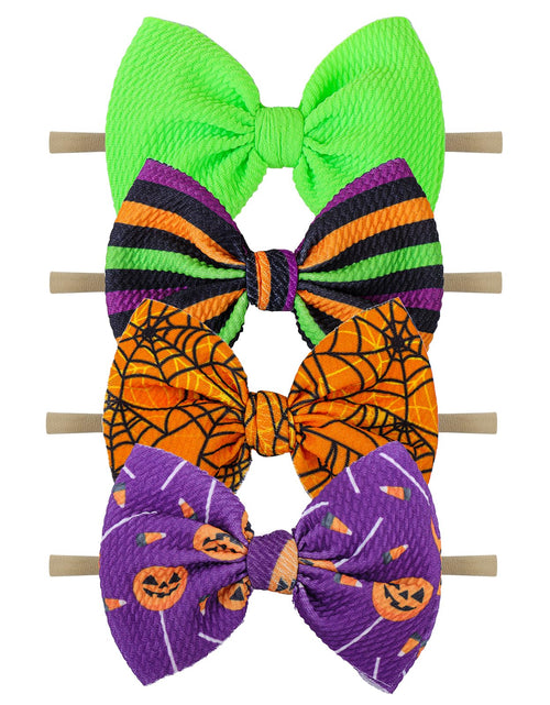 Load image into Gallery viewer, YanJie Halloween Hair Bows Headbands Baby Bows Holloween Spider Accessories Pumpkin Hairband Bow Nylon Headbands for Toddler Girls 4 Pcs
