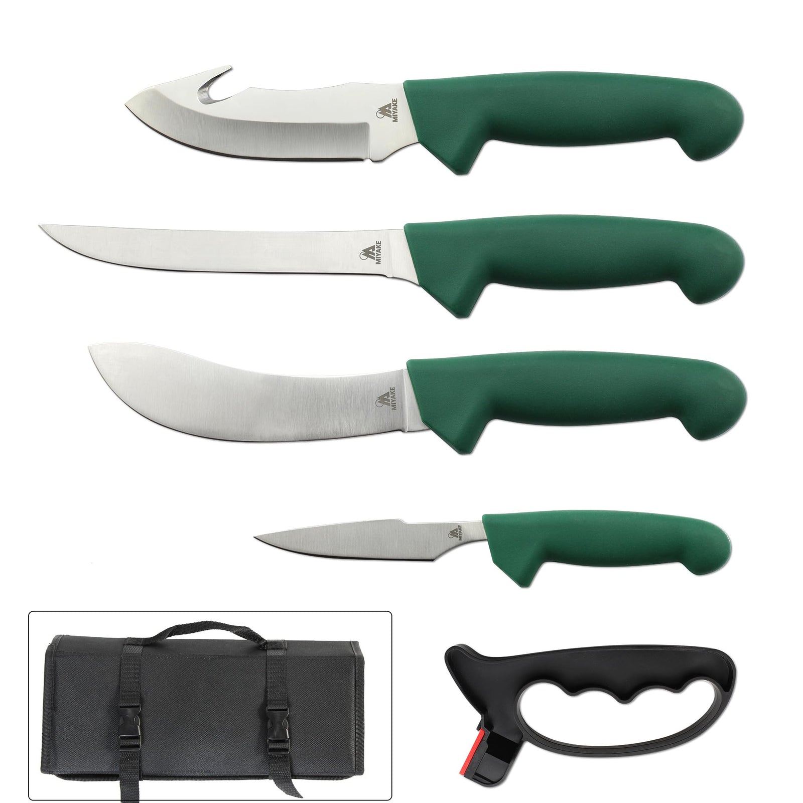MIYAKE Elk Buck & Deer Hunting Knife Set Field Dressing Kit Portable Outdoor Butcher Game Processing Gear Accessories | Butcher Knife Gut Hook Skinning Knives Boning Knife Caping Knife Fillet Knives with Nylon Knife Sheath - Camping Gear