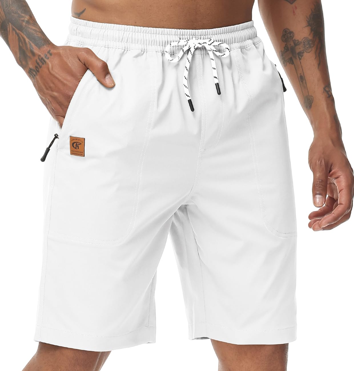 Mens Stretch Shorts Casual Classic Fit Drawstring Summer Beach Shorts with Zipper Pockets White 36