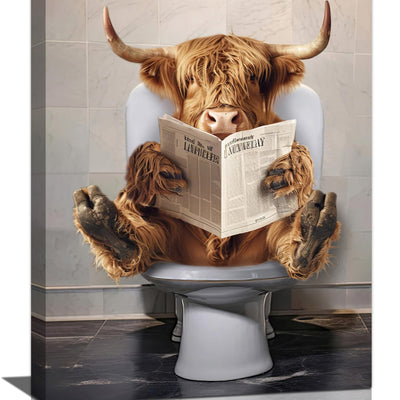 Highland Cow Bathroom Wall Art Funny Farmhouse Bathroom Pictures Wall Decor Western Cow on Toilet Canvas Print Painting Home Bathroom Signs Decoration Artwork Framed 12"X16"