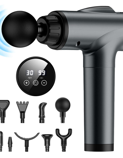 Load image into Gallery viewer, Hoiltal Deep Tissue Massage Gun Portable Handheld Percussion Muscle Massager Gun for Pain Relief 30 Speeds &amp; 9 Massage Heads Cordless Electric Massager for Athletes Back Neck and Body (Gray)
