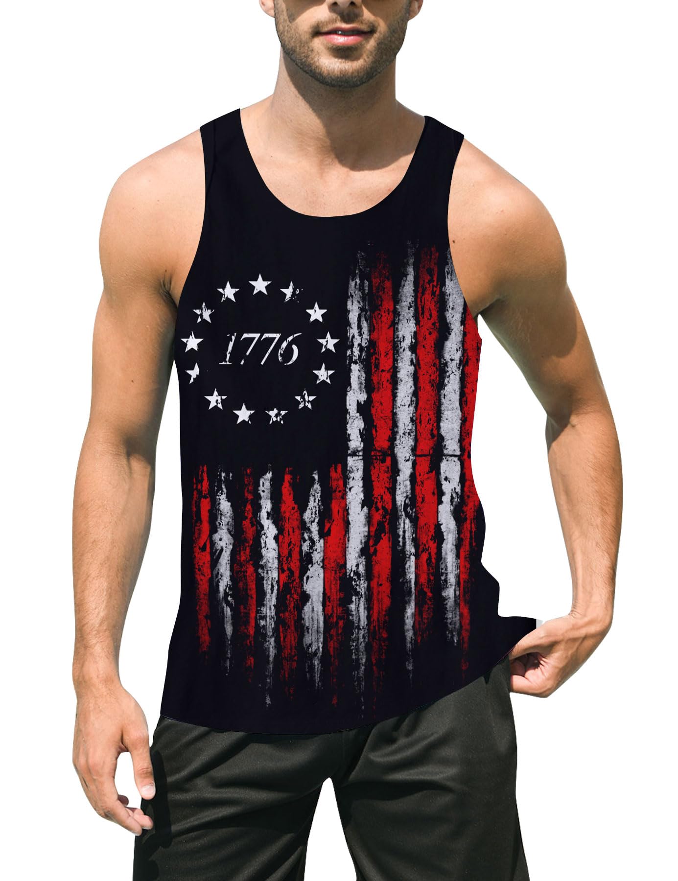 uideazone Mens Patriotic American Flag Stars Tank Top 1776 4th of July Sleeveless Graphic Tees for Independence Day