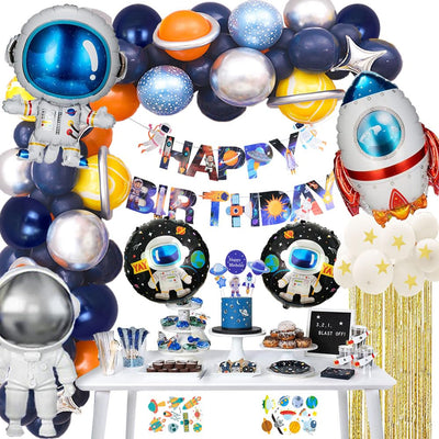 Decoraciones de fiesta de cumpleaños con temática del espacio exterior, pancarta de feliz cumpleaños, globos, pegatinas de tatuajes, adornos para tartas para fiesta de cumpleaños, fiesta de niños, fiesta de astronautas, suministros de fiesta…