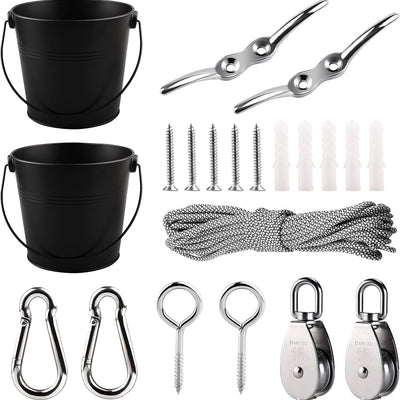 FUQUN Treehouse Accessories for Kids Pulley with Bucket Cable Kids Playhouse Accessories Pulleys for Kids Pirate Ship Accessories Outdoor Playhouse Game Bucket for Treehouse(2Sets Black)
