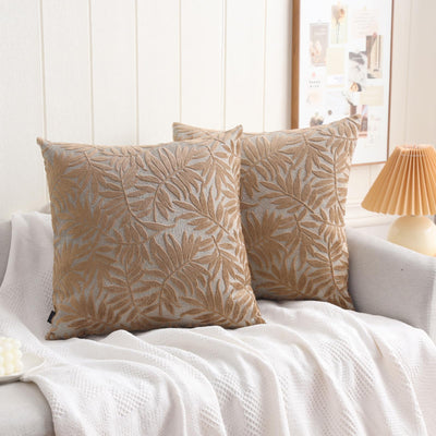 HPUK Lot de 2 housses de coussin décoratives en velours découpé à motif de feuilles, 45x45 cm, pour salon, chambre à coucher, canapé, chaise, marron