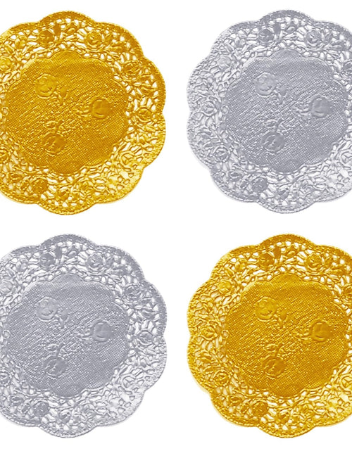 Load image into Gallery viewer, Jagrove Paper Doilies 50 Pack 3.5 Inch Gold &amp; Silver Lace Doilies Paper Decorative Disposable Round Paper Placemats Bulk for Cake Dessert Craft Wedding Birthday Party Tableware Decorations
