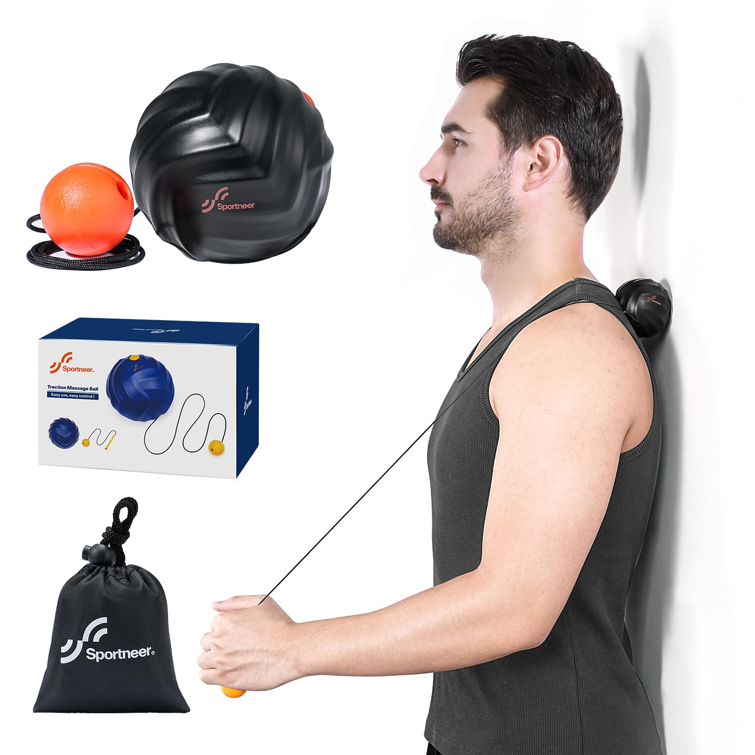 Sportneer Massage Lacrosse Ball with String Deep Tissue Massager for Back Myofascial Release Shoulder Trigger Point Therapy & Foot Plantar Fasciitis Free Relax for Whole Body (Black)