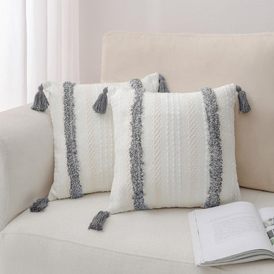 Zufudo Pack of 2 Throw Pillow Covers with Tassels Cotton Boho Modern Decorative Cushion Case for Couch Bedroom 20×20 Inch Grey