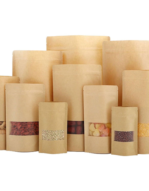 Cargar imagen en el visor de la galería, 100 bolsas de papel kraft con ventana y cierre de cremallera, autosellables, 10x14 pulgadas
