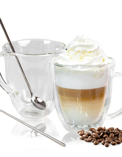 Cargar imagen en el visor de la galería, Tazas de café de cristal de doble pared AYL - Juego de 2 tazas de café transparentes aisladas de 473 ml perfectas para espresso, capuchino, latte, té - Elegante juego de tazas de café de cristal
