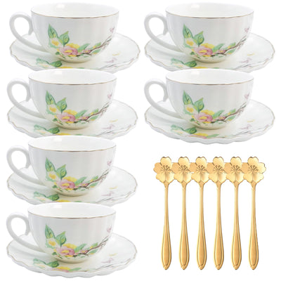Juego de tazas y platillos Noblegant Juego de tazas de té de 6 tazas de café Tazas de capuchino Tazas de espresso Taza de té de flores con borde dorado Juego de té para mujeres Fiesta del té Té de la tarde Oficina en casa (taza de calabaza de 7 oz)