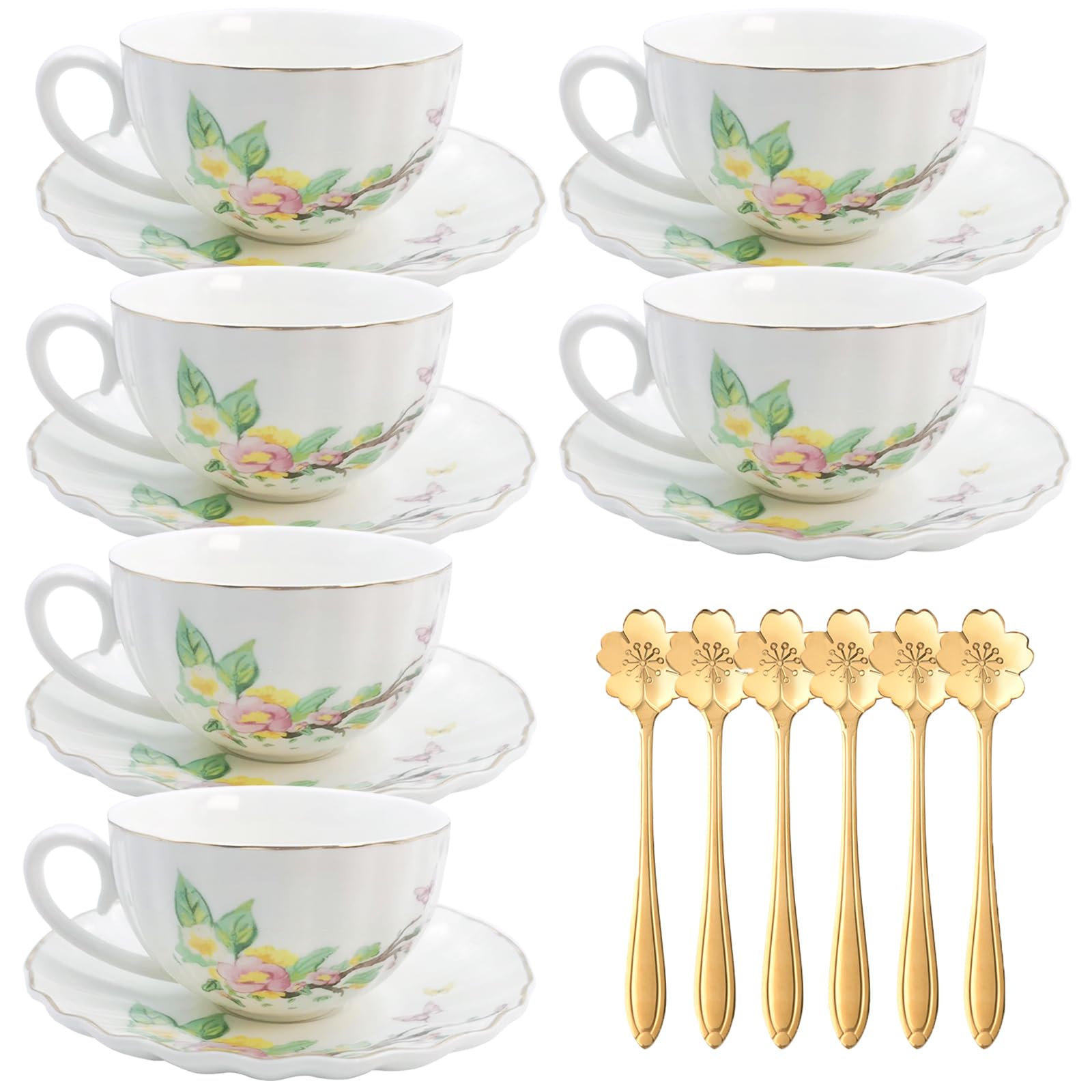 Noblegant Teacup and Saucer Set Tea Cup Set of 6 Coffee Cups Cappuccino Cups Espresso Mugs Flower Tea Cup with Gold Trim Tea Set for Women Tea Party Afternoon Tea Home Office (Pumpkin Cup 7oz)