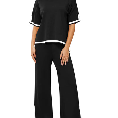 YIJIU Womens Summer 2 Piece Outfits Casual Short Sleeve Sweatsuits Knit Wide Leg Tracksuits Lounge Sets Loose Travel LoungewearBlackXL