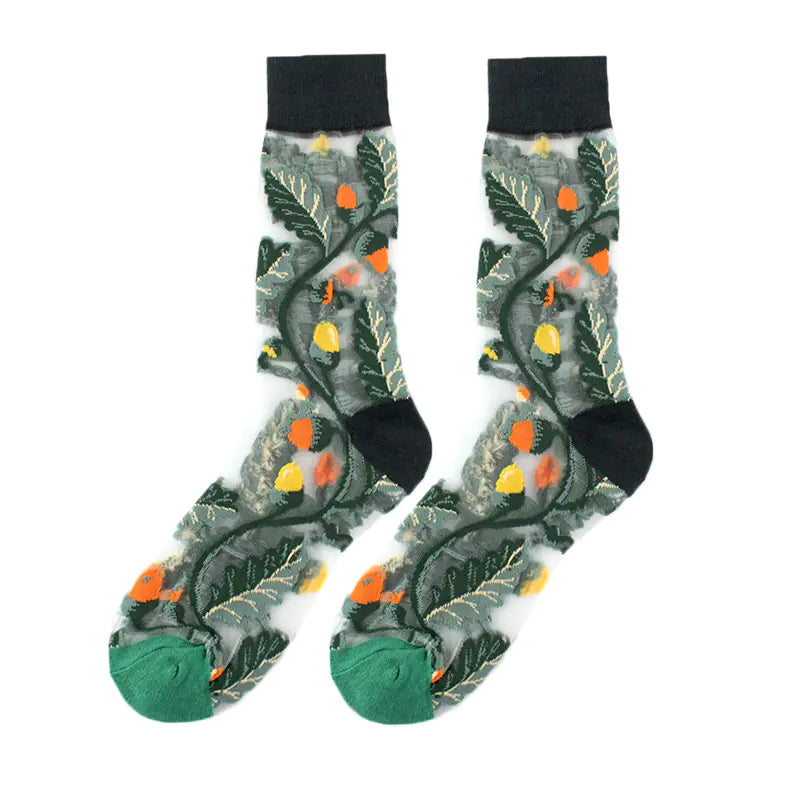 Fashionable Thin Mid Tube Flower Forest Glass Stockings