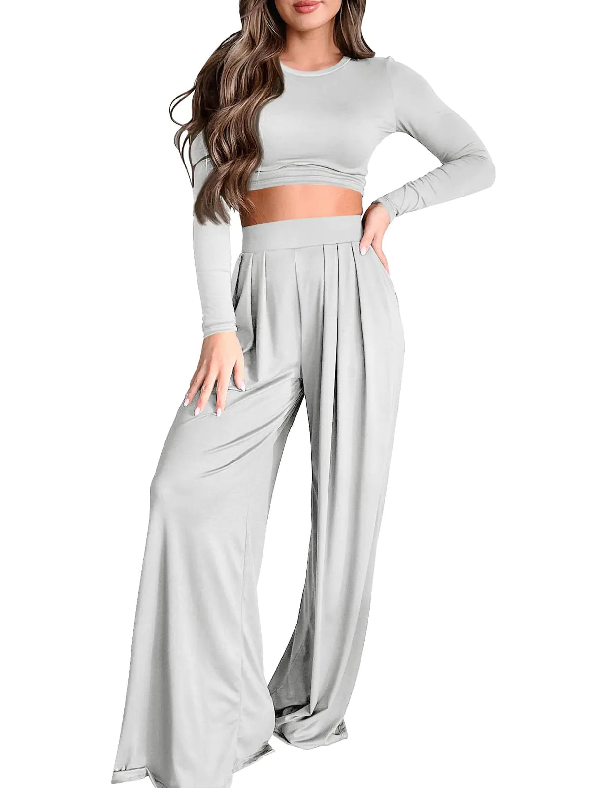 PEIARA Conjuntos de Salón de 2 Piezas para Mujer, Tops Cortos de Manga Larga para Otoño, Trajes de Dos Piezas para Mujer, Conjunto de Pantalones Palazzo de Pierna Ancha, Chándales a Juego, Ropa 2024